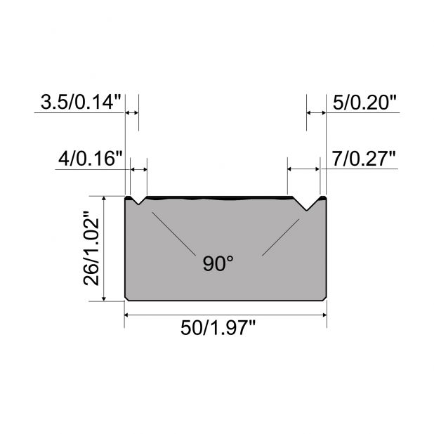 Matrice a 2-V R1 Serie A con altezza totale=26mm, α=90°, Raggio=0,4mm, Materiale=C45, Portata massima=600kN/
