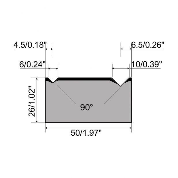 Matrice a 2-V R1 Serie A con altezza totale=26mm, α=90°, Raggio=0.4/0.6mm, Materiale=C45, Portata massima=70