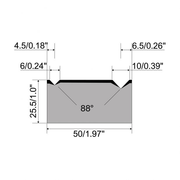 Matrice a 2-V R1 Serie A con altezza totale=25,5mm, α=88°, Raggio=0.4/0.6mm, Materiale=C45, Portata massima=