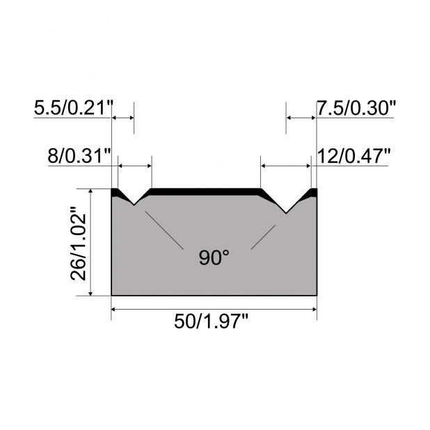 Matrice a 2-V R1 Serie A con altezza totale=26mm, α=90°, Raggio=0.5/0.8mm, Materiale=C45, Portata massima=80