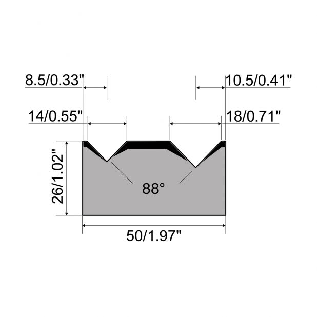 Matrice a 2-V R1 Serie A con altezza totale=26mm, α=88°, Raggio=0,5mm, Materiale=C45, Portata massima=1000to