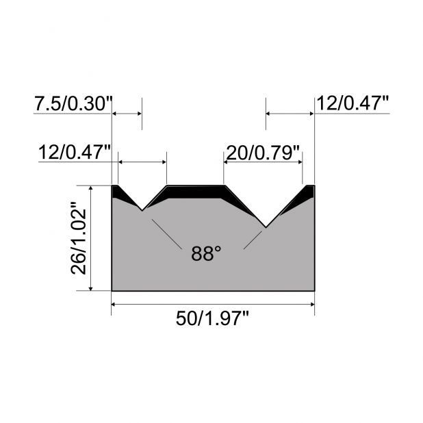 Matrice a 2-V R1 Serie A con altezza totale=26mm, α=88°, Raggio=0,5mm, Materiale=C45, Portata massima=1000kN