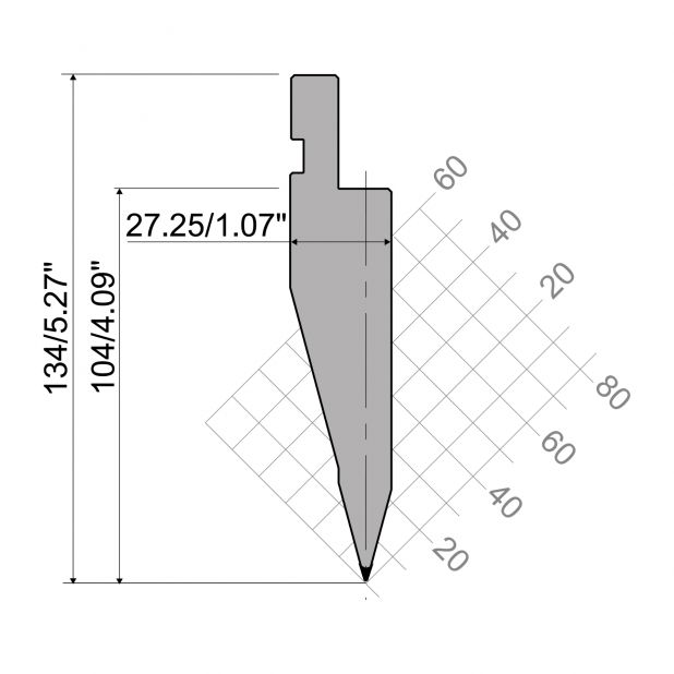 Punzone R1 Serie A con altezza di lavoro=104mm, α=30°, Raggio=0,65mm, Materiale=C45, Portata massima=1000ton