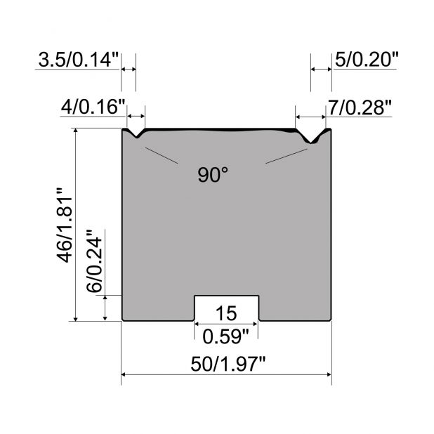 Matrice autocentrante a 2-V R1 Serie A con altezza totale=46mm, α=90°, Raggio=0,4mm, Materiale=C45, Portata