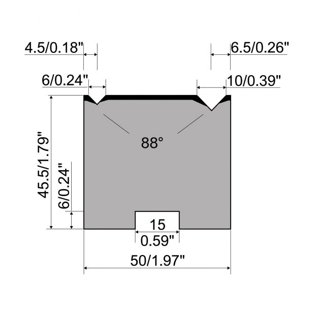 Matrice autocentrante a 2-V R1 Serie A con altezza totale=45,5mm, α=88°, Raggio=0,4mm, Materiale=C45, Portat