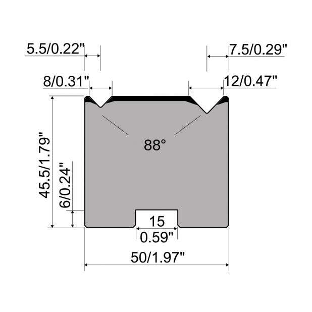 Matrice autocentrante a 2-V R1 Serie A con altezza totale=45,5mm, α=88°, Raggio=0.5/0.8mm, Materiale=C45, Po