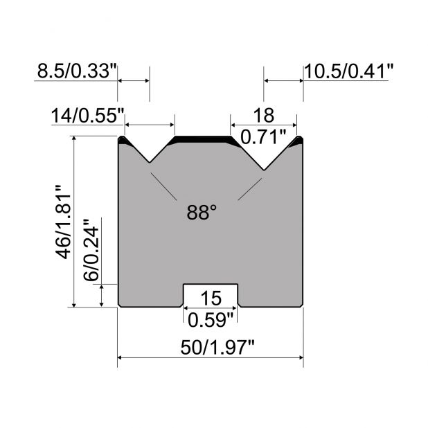 Matrice autocentrante a 2-V R1 Serie A con altezza totale=46mm, α=88°, Raggio=0,5mm, Materiale=C45, Portata