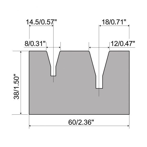 Supporto per matrici autocentranti 2-V R1 serie A con altezza=38mm, materiale=42Cr, Portata massima=300kN/m.
