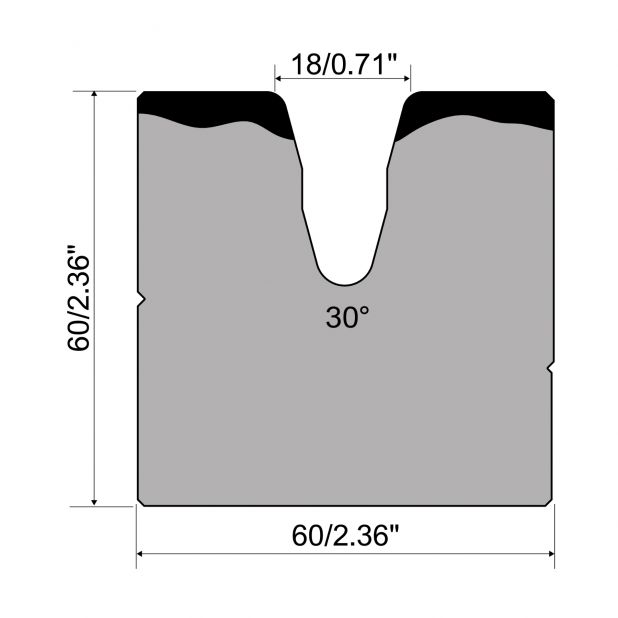 Matrice a 1-V R1 Serie A con altezza totale=60mm, α=30°, Raggio=3mm, Materiale=C45, Portata massima=800kN/m.