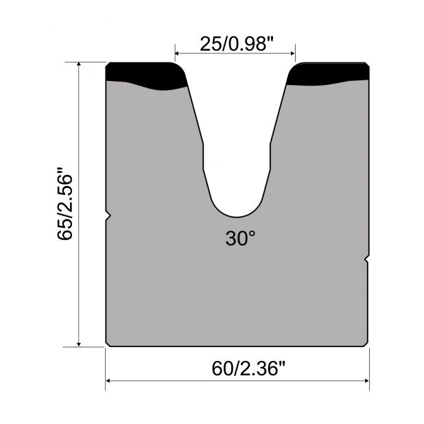 Matrice a 1-V R1 Serie A con altezza totale=65mm, α=30°, Raggio=4mm, Materiale=C45, Portata massima=600kN/m.