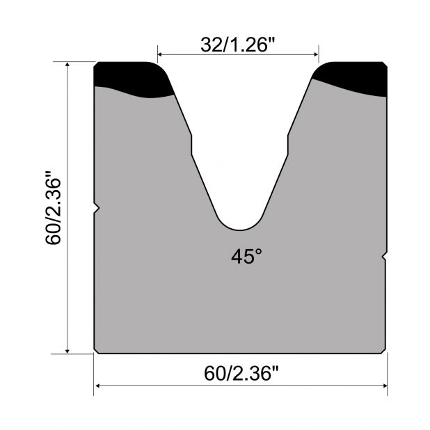 Matrice a 1-V R1 Serie A con altezza totale=60mm, α=45°, Raggio=5mm, Materiale=C45, Portata massima=400kN/m.
