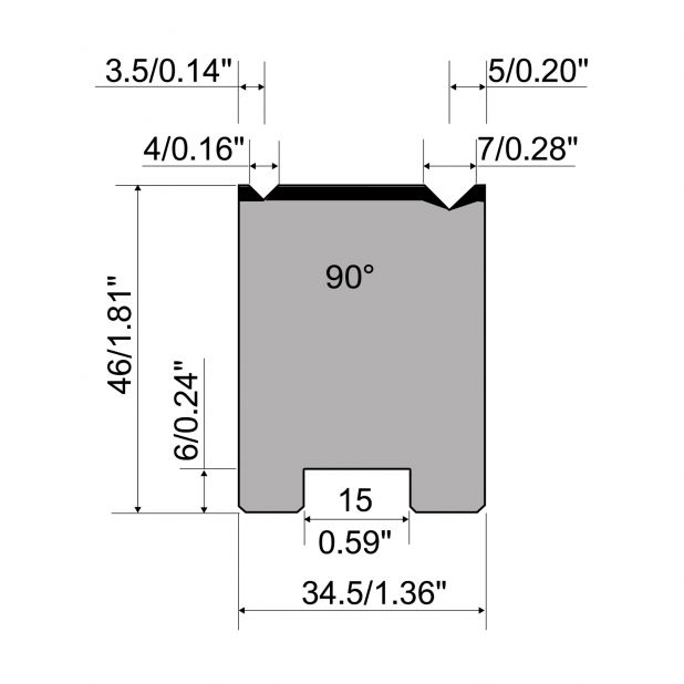 Matrici autocentranti 2-V R1 con altezza=46mm, α=90°, Raggio=0.3/0.5mm, Materiale=C45, Portata massima=800to