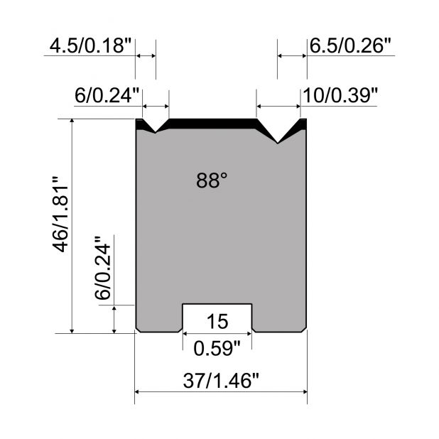 Matrici autocentranti 2-V R1 con altezza=46mm, α=88°, Raggio=0.4/0.6mm, Materiale=C45, Portata massima=800to