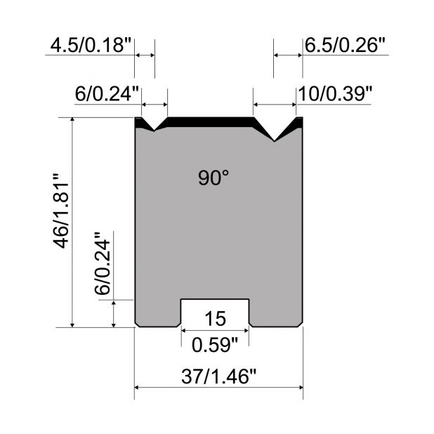 Matrici autocentranti 2-V R1 con altezza=46mm, α=90°, Raggio=0.4/0.6mm, Materiale=C45, Portata massima=800to