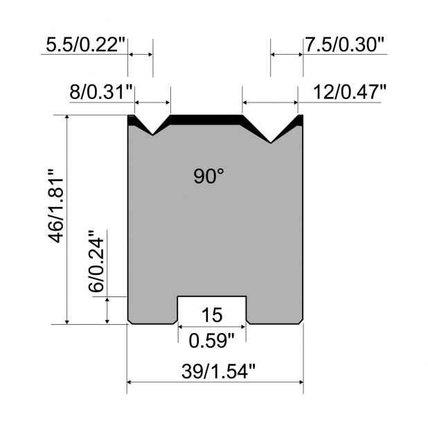 Matrici autocentranti 2-V R1 con altezza=46mm, α=90°, Raggio=0.5/0.8mm, Materiale=C45, Portata massima=800to
