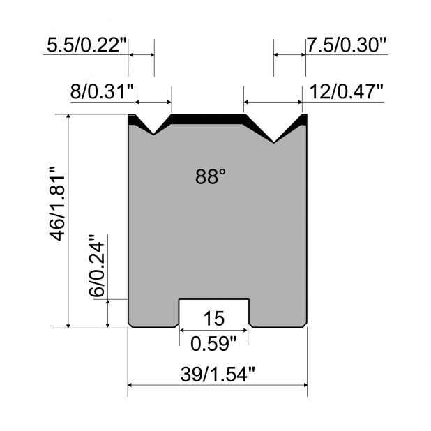 Matrici autocentranti 2-V R1 con altezza=46mm, α=88°, Raggio=0.5/0.8mm, Materiale=C45, Portata massima=800to