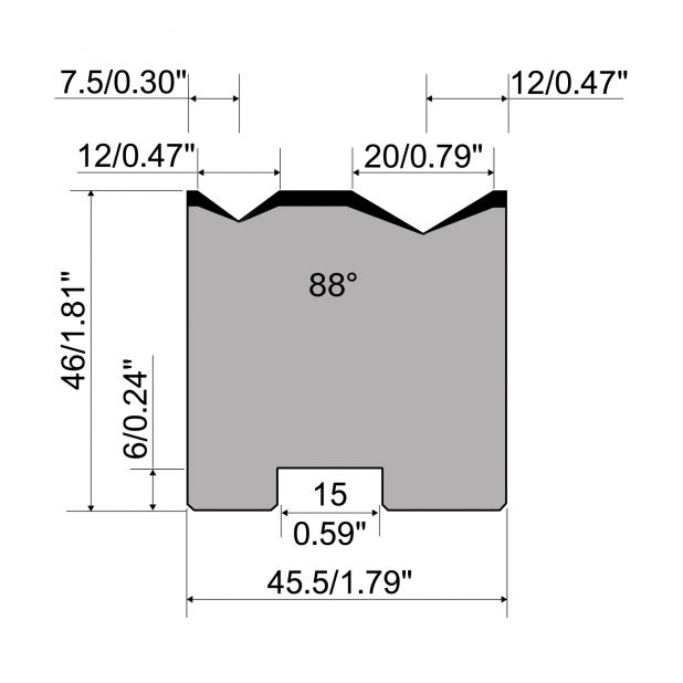 Matrici autocentranti 2-V R1 con altezza=46mm, α=88°, Raggio=0.8/1.75mm, Materiale=C45, Portata massima=800t
