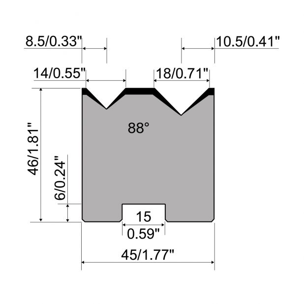 Matrici autocentranti 2-V R1 con altezza=46mm, α=88°, Raggio=1.25/1.5mm, Materiale=C45, Portata massima=800t