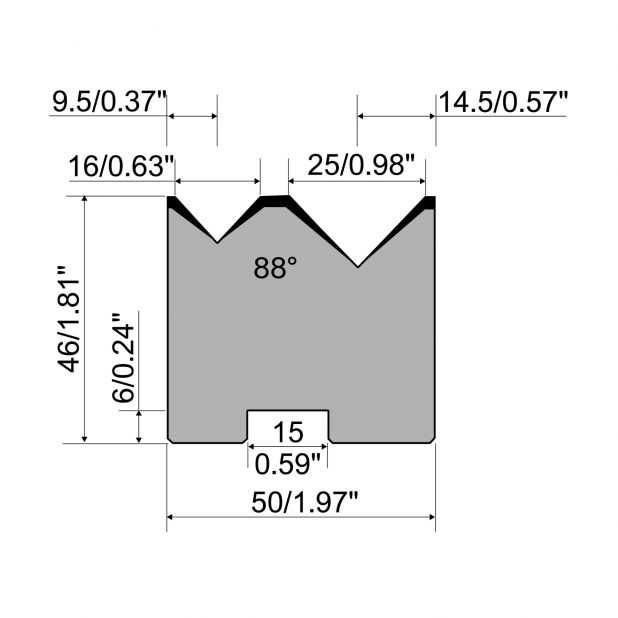 Matrici autocentranti 2-V R1 con altezza=46mm, α=88°, Raggio=1.5/1.75mm, Materiale=C45, Portata massima=800t