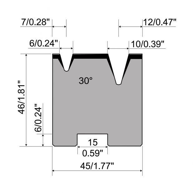 Matrici autocentranti 2-V R1 con altezza=46mm, α=30°, Raggio=0.6/1mm, Materiale=C45, Portata massima=400ton/