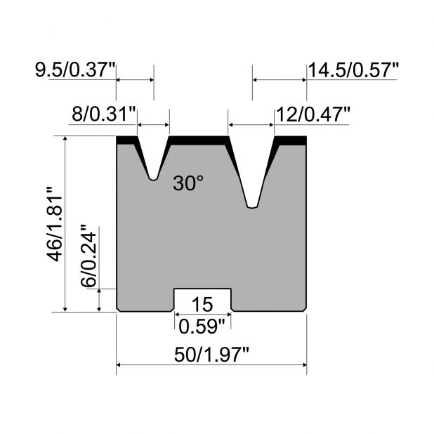 Matrici autocentranti 2-V R1 con altezza=46mm, α=30°, Raggio=0.8/1.5mm, Materiale=C45, Portata massima=400to