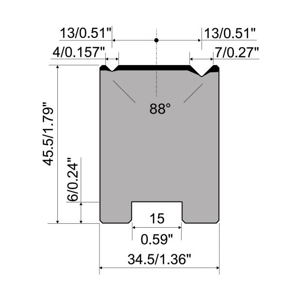 Matrice autocentrante a 2-V R1 Serie A con altezza totale=45,5mm, α=88°, Raggio=0,4mm, Materiale=C45, Portat