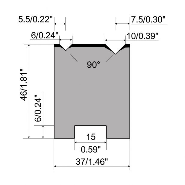 Matrice autocentrante a 2-V R1 Serie A con altezza totale=46mm, α=90°, Raggio=0.4/0.6mm, Materiale=C45, Port