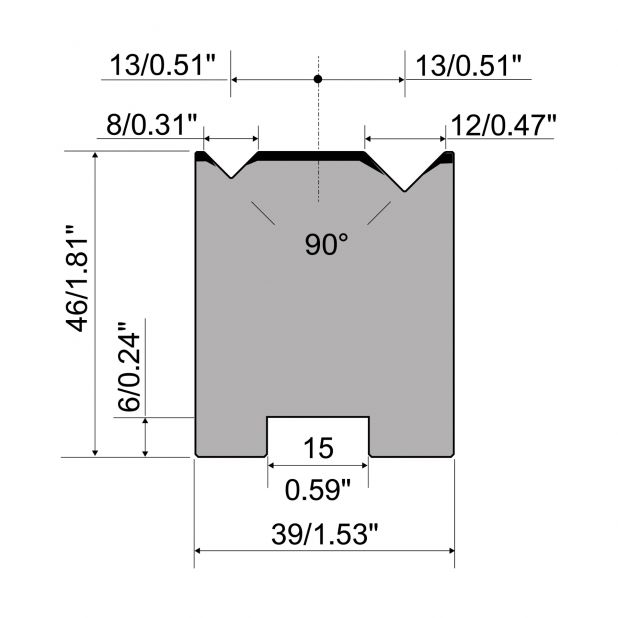 Matrice autocentrante a 2-V R1 Serie A con altezza totale=46mm, α=90°, Raggio=0.5/0.8mm, Materiale=C45, Port