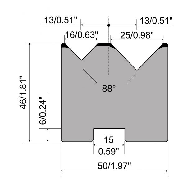 Matrice autocentrante a 2-V R1 Serie A con altezza totale=46mm, α=88°, Raggio=0,8mm, Materiale=C45, Portata