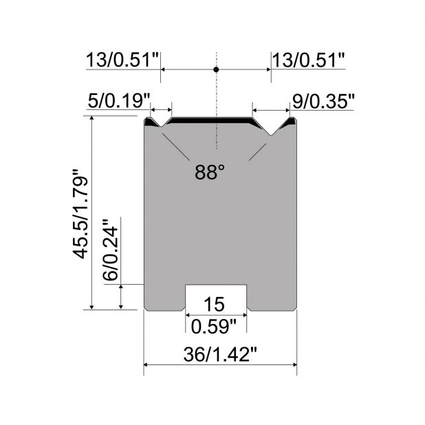 Matrice autocentrante a 2-V R1 Serie A con altezza totale=45,5mm, α=88°, Raggio=0.4/0.6mm, Materiale=C45, Po
