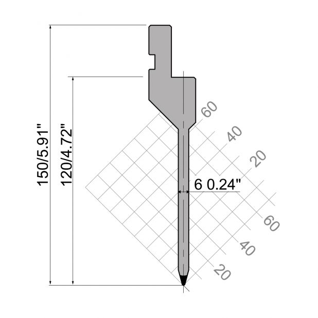 Punzone R1 Serie CFH con altezza di lavoro=120mm, α=30°, Raggio=0,8mm, Materiale=42Cr, Portata massima=500to