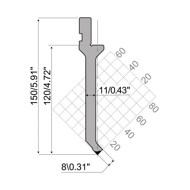 Punzone sash R1 Serie AFH con altezza di lavoro=120mm, α=86°, Raggio=0,65mm, Materiale=42Cr, Portata massima