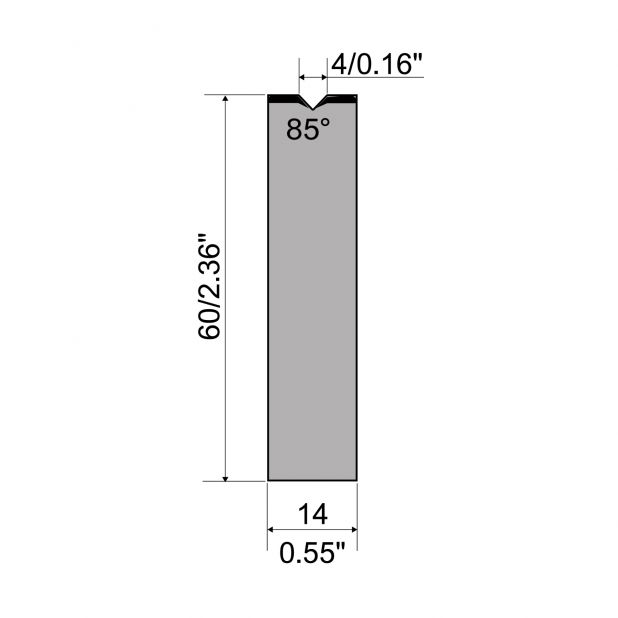 Matrici autocentranti 1-V R1 con altezza=60mm, α=85°, Raggio=0,6mm, Materiale=C45, Portata massima=1000ton/m