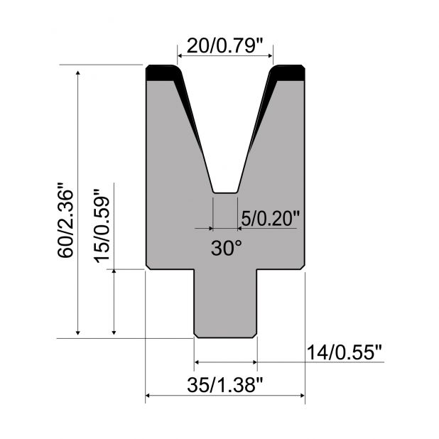 Matrici autocentranti 1-V R1 con altezza=60mm, α=30°, Raggio=2,5mm, Materiale=C45, Portata massima=1000ton/m