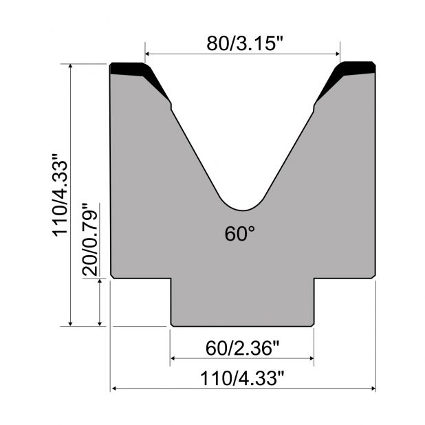 Matrici a 1-V R1 con altezza=110mm, α=60°, Raggio=6mm, Materiale=C45, Portata massima=1000ton/m.