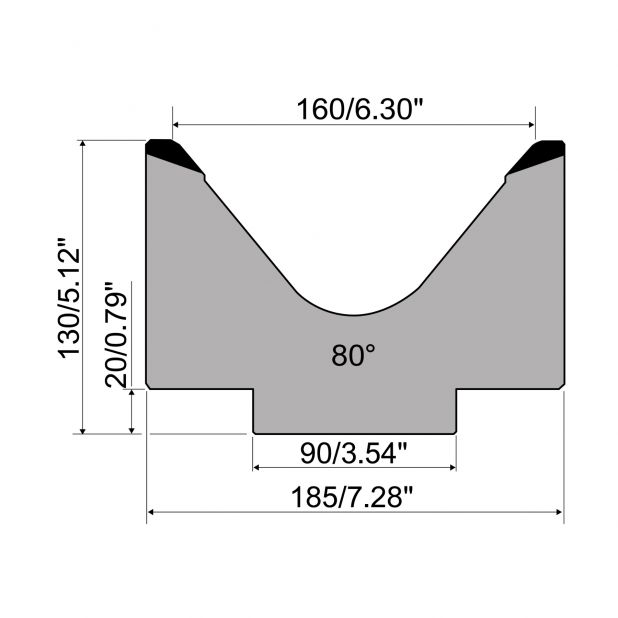 Matrici a 1-V R1 con altezza=130mm, α=80°, Raggio=10mm, Materiale=C45, Portata massima=1000kN/m.