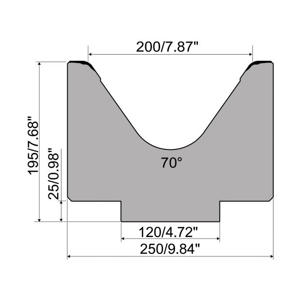 Matrici a 1-V R1 con altezza=195mm, α=70°, Raggio=15mm, Materiale=C45, Portata massima=1800kN/m.