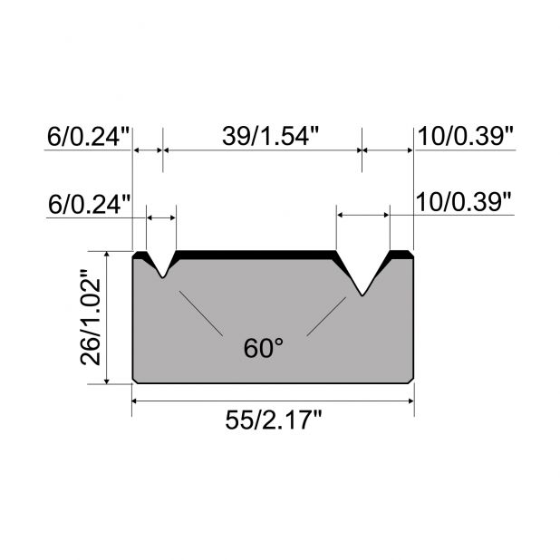 Matrice 2-V R1 con altezza=26mm, α=60°, Raggio=0.5/0.8mm, Materiale=C45, Portata massima=600ton/m.