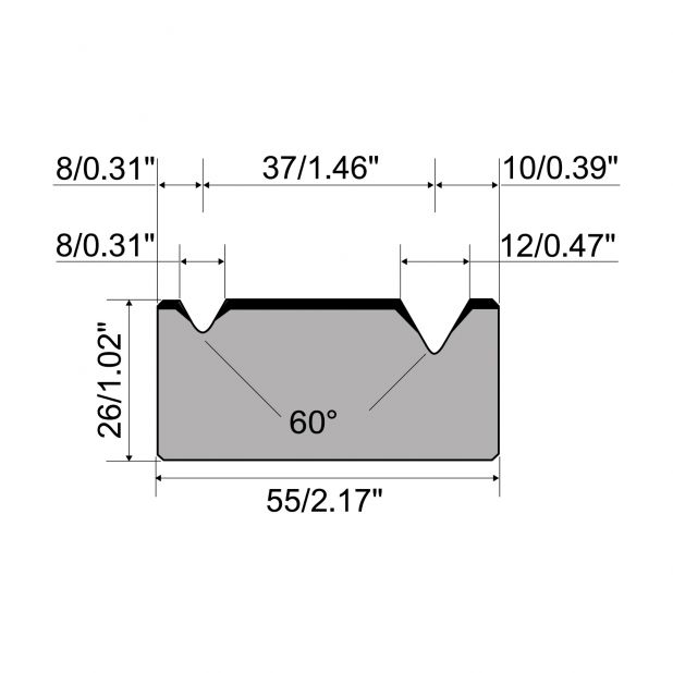 Matrice 2-V R1 con altezza=26mm, α=60°, Raggio=0.5/0.8mm, Materiale=C45, Portata massima=800ton/m.