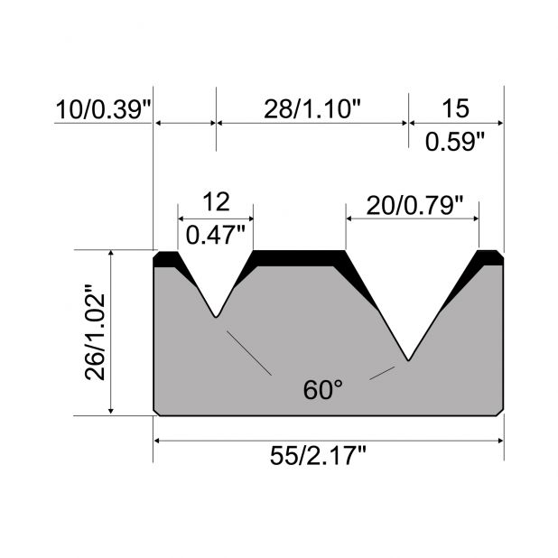 Matrice 2-V R1 con altezza=26mm, α=60°, Raggio=0.8/3mm, Materiale=C45, Portata massima=800ton/m.