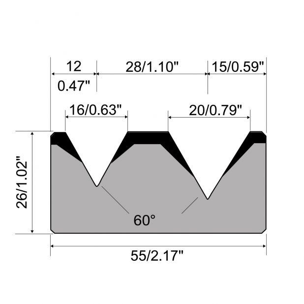 Matrice 2-V R1 con altezza=26mm, α=60°, Raggio=3.0/3.0mm, Materiale=C45, Portata massima=800ton/m.