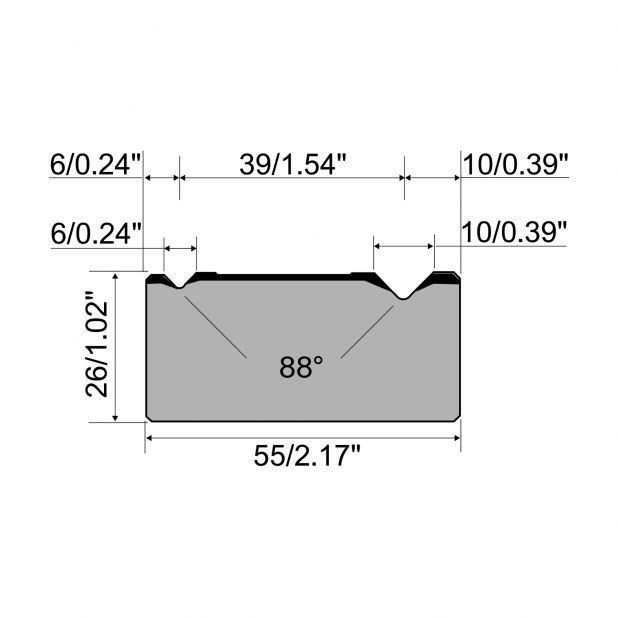 Matrice 2-V R1 con altezza=26mm, α=88°, Raggio=0.4/0.6mm, Materiale=C45, Portata massima=1000ton/m.
