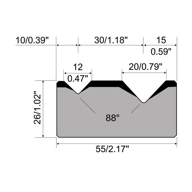 Matrice 2-V R1 con altezza=26mm, α=88°, Raggio=2.75/3mm, Materiale=C45, Portata massima=1000ton/m.