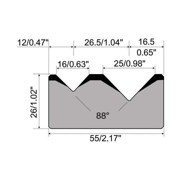 Matrice 2-V R1 con altezza=26mm, α=88°, Raggio=2.75/2.75mm, Materiale=C45, Portata massima=1000ton/m.