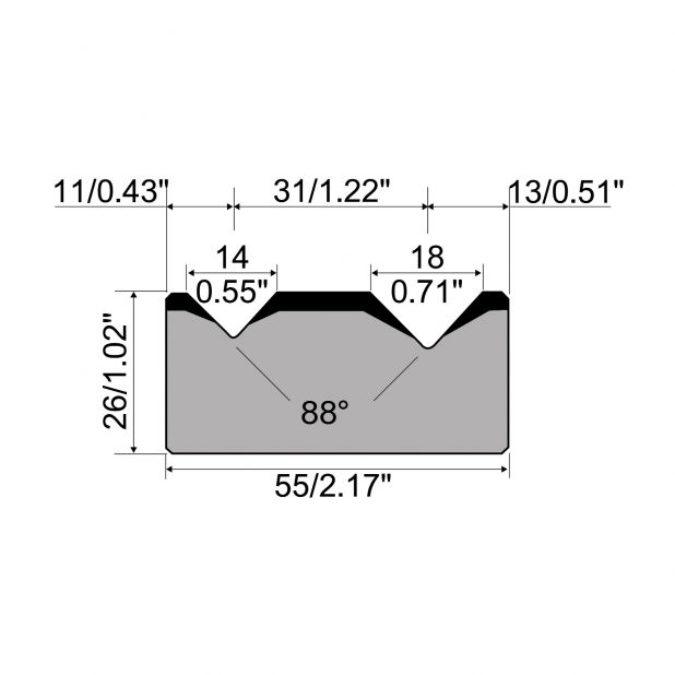 Matrice 2-V R1 con altezza=26mm, α=88°, Raggio=2.75/3mm, Materiale=C45, Portata massima=1000ton/m.
