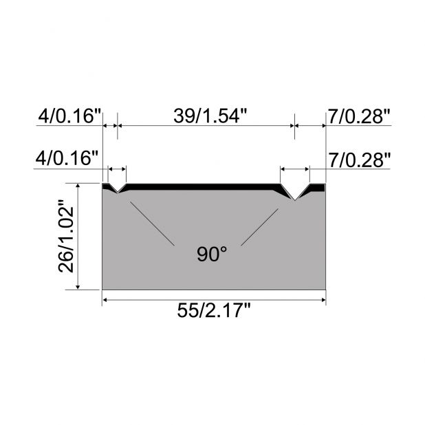 Matrice 2-V R1 con altezza=26mm, α=90°, Raggio=0.3/0.5mm, Materiale=C45, Portata massima=1000ton/m.