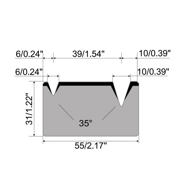Matrice 2-V R1 con altezza=31mm, α=35°, Raggio=0.6/1mm, Materiale=C45, Portata massima=300ton/m.