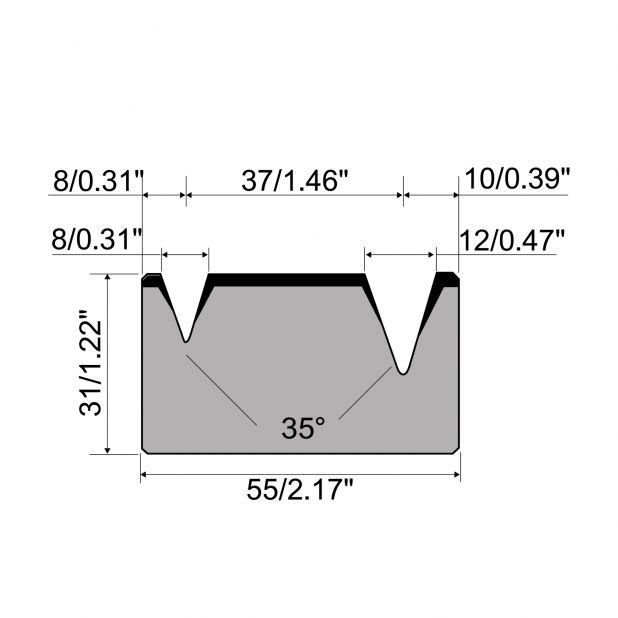 Matrice 2-V R1 con altezza=31mm, α=35°, Raggio=1/1.2mm, Materiale=C45, Portata massima=300ton/m.