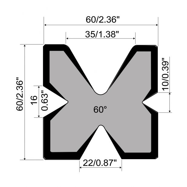 Matrice multi-V R1 con altezza=60mm, α=60°, Materiale=C45, Portata massima=600kN/m.