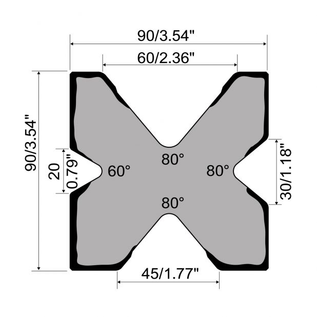 Matrice multi-V R1 con altezza=90mm, α=80/60°, Materiale=C45, Portata massima=1000kN/m.